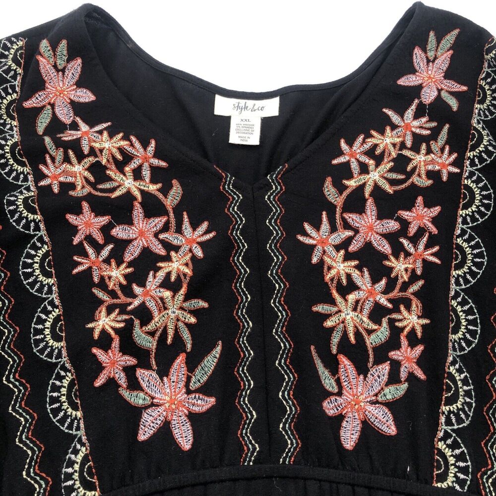 Style & Co Floral Embroidered Maxi Dress Black Size XXL Split Sleeves